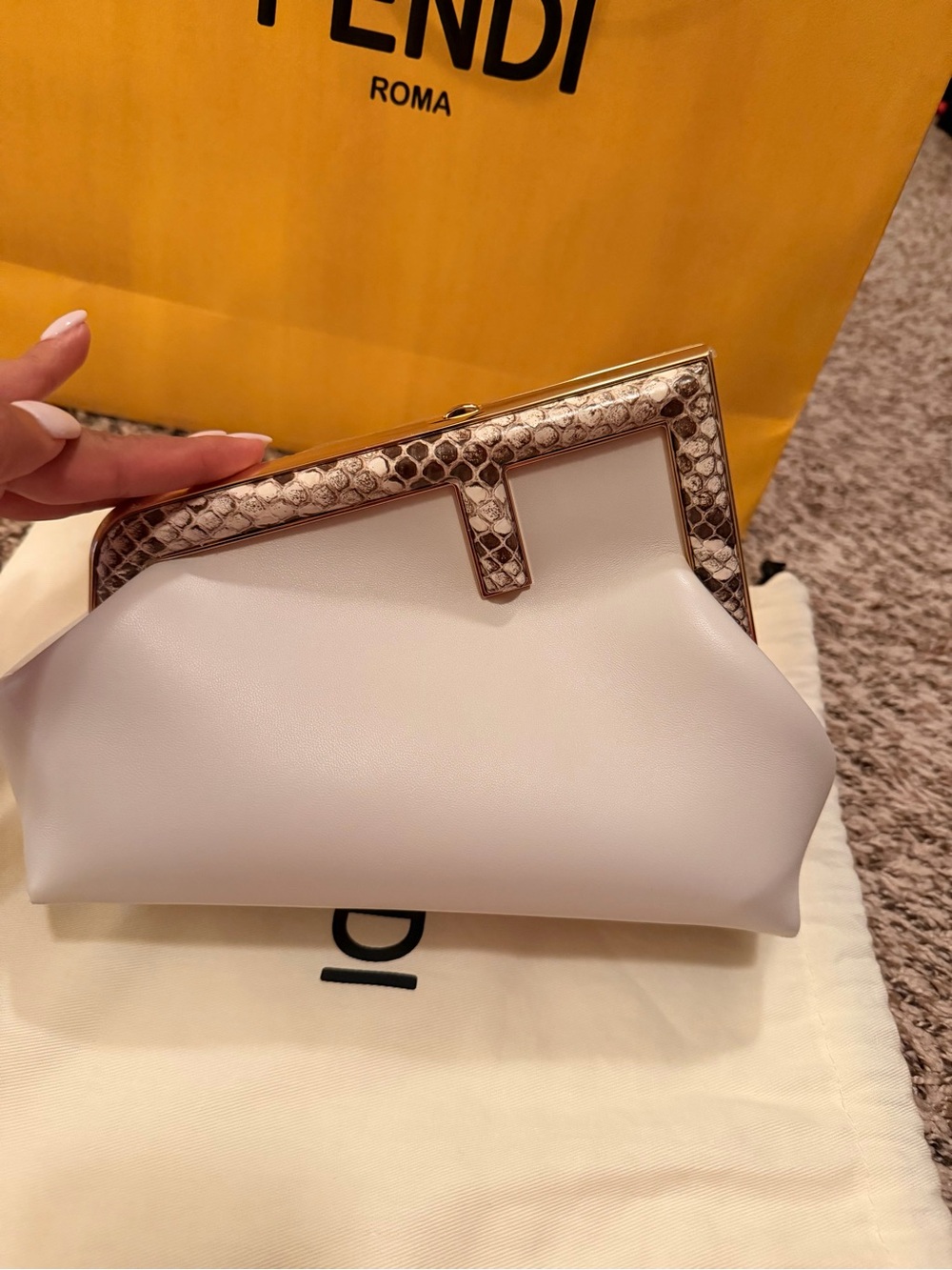 Fendi First White Leather Clutch with python handle